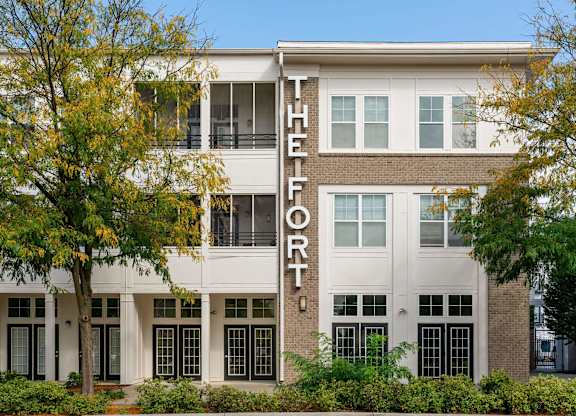 The front of a building with the word