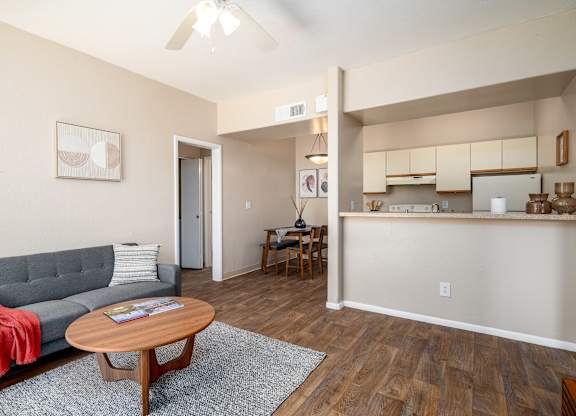a living room with a couch and a coffee table
