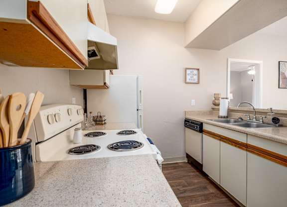 a kitchen with a stove and sink and a refrigerator