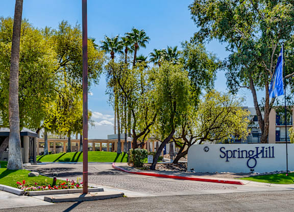 a view of the entrance to the spring hill campus with trees and a blue sign