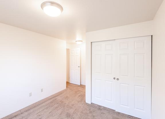 a bedroom with two closets and a carpeted floor