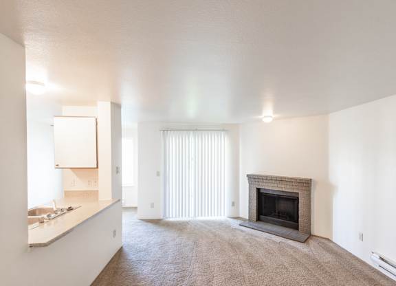 a living room with a fireplace and a kitchen