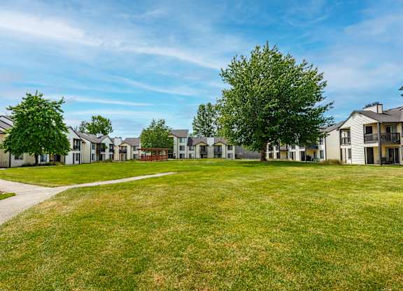 a grassy area with houses in the background