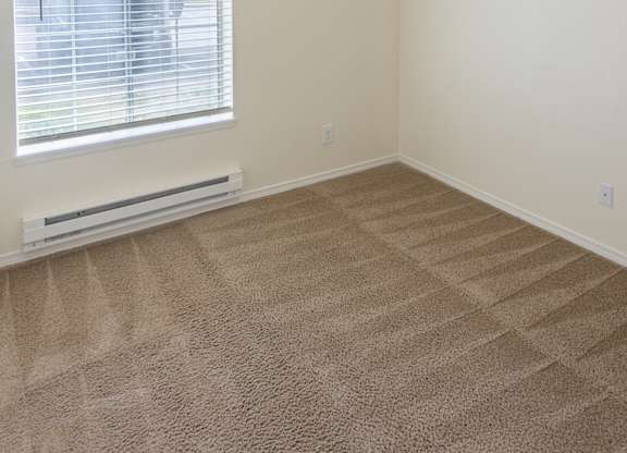 an empty bedroom with a large window and beige carpet