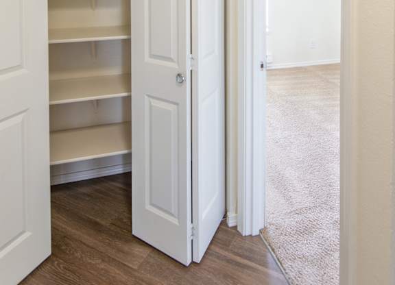 a bedroom with a closet and an open door