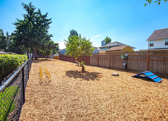 A backyard with a fence, a tree, and a blue object on the ground.