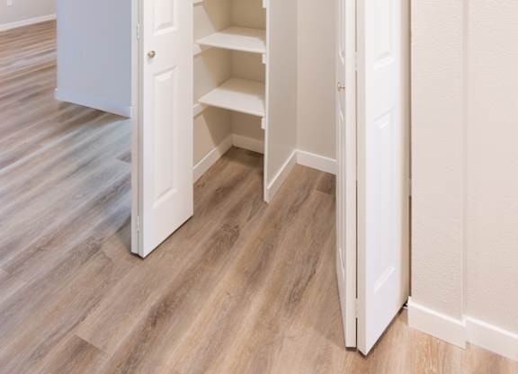 an empty room with an open closet with shelves