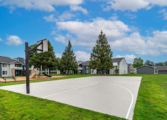 a basketball court in a park with houses in the background