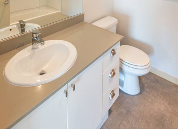 a bathroom with a sink toilet and mirror