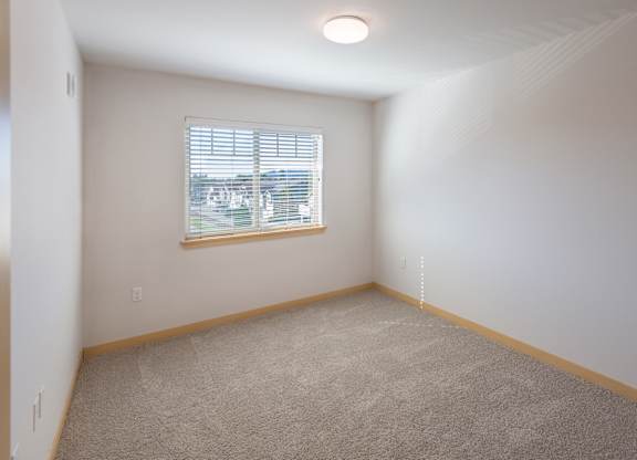 an empty bedroom with a window and carpet