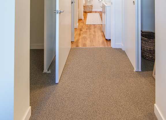 A hallway with a carpeted floor and white walls.