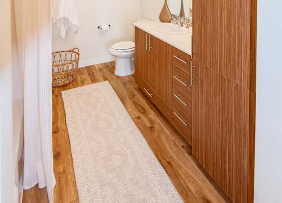 A bathroom with a toilet, sink, and a rug on the floor.