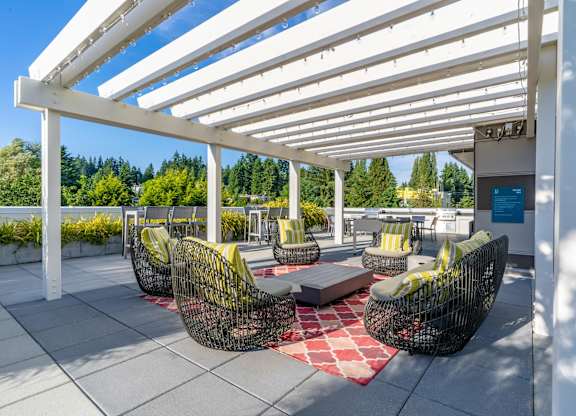underneath arbor in outdoor lounge
