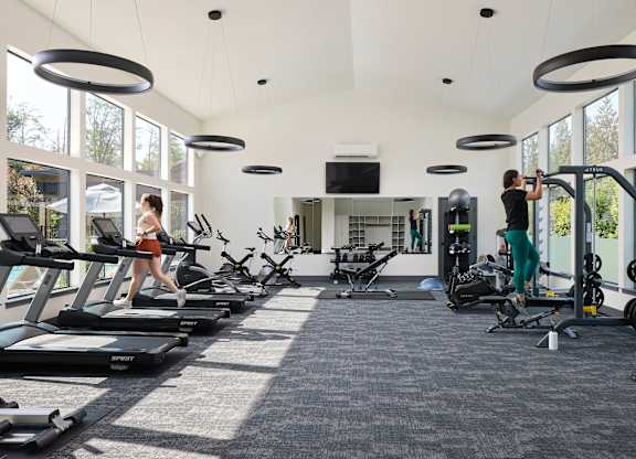 a large exercise room with treadmills and other exercise equipment