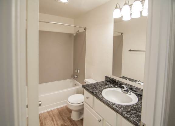 a bathroom with a sink toilet and bathtub