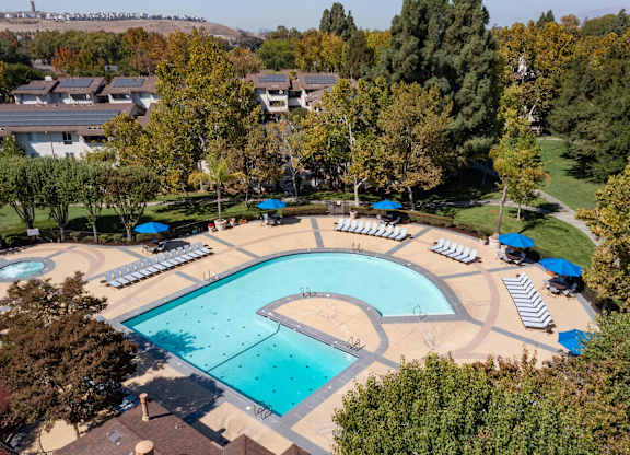 Aerial view of pool at The Woods Apartments, San Jose