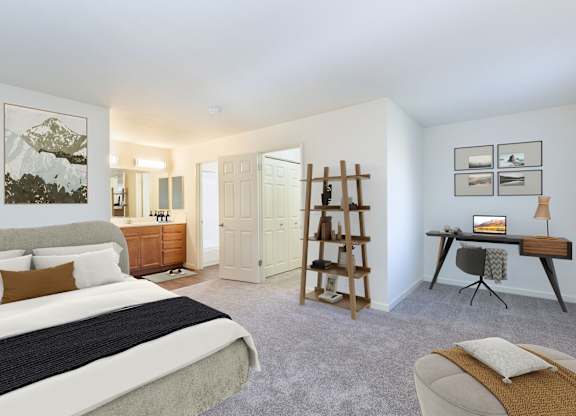 A bedroom with a large bed and a desk with a chair at The Woods Apartments, San Jose, 95136