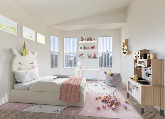 A unicorn headboard is on a bed in a room with a carpet on the floor at The Woods Apartments, San Jose, 95136