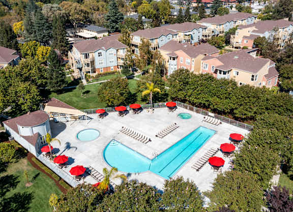 An aerial view of a pool surrounded by trees and buildings at The Woods Apartments, San Jose, California