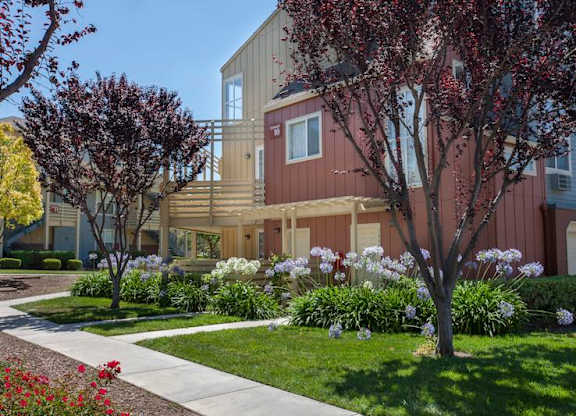 A row of houses with trees and flowers in front at The Woods Apartments, San Jose, CA, 95136