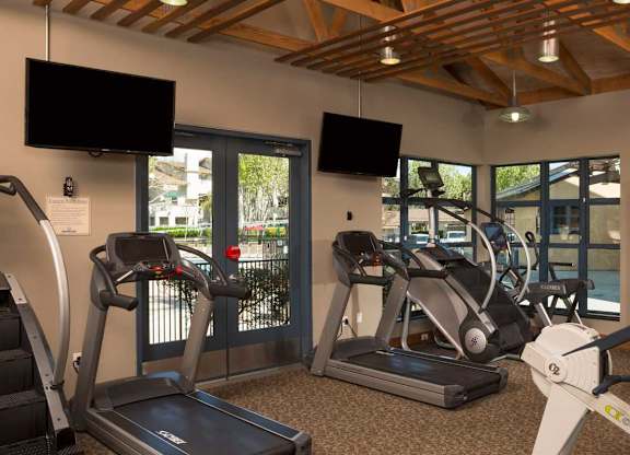 A gym with treadmills, exercise bikes, and a television at The Woods Apartments, San Jose, 95136