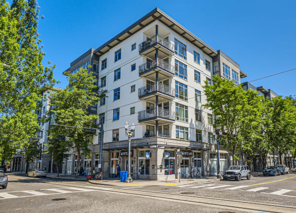 a view of the building from the corner of the street