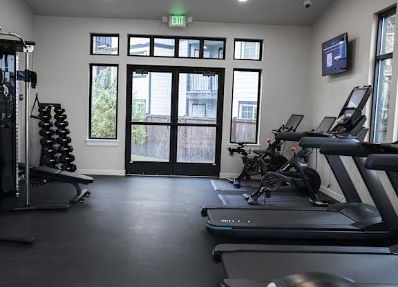 A gym with treadmills, weights, and exercise equipment.