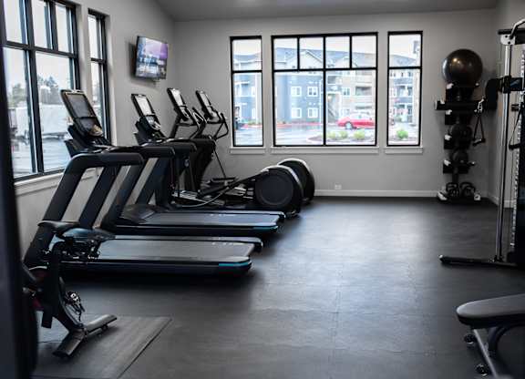 A gym with treadmills, exercise balls, and a television.