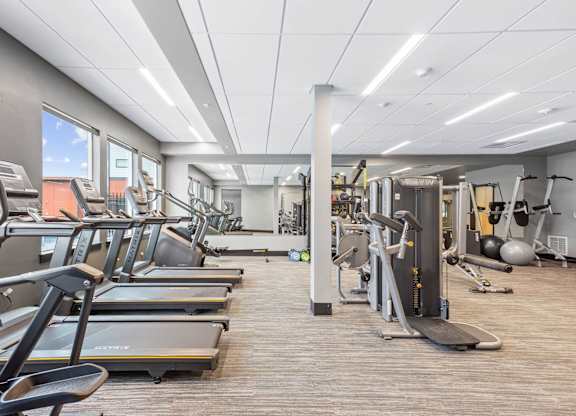 a gym with cardio equipment and weights on the floor