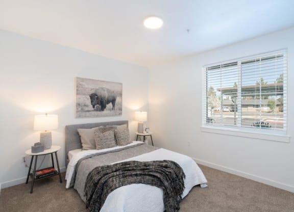 a bedroom with a bed and a window