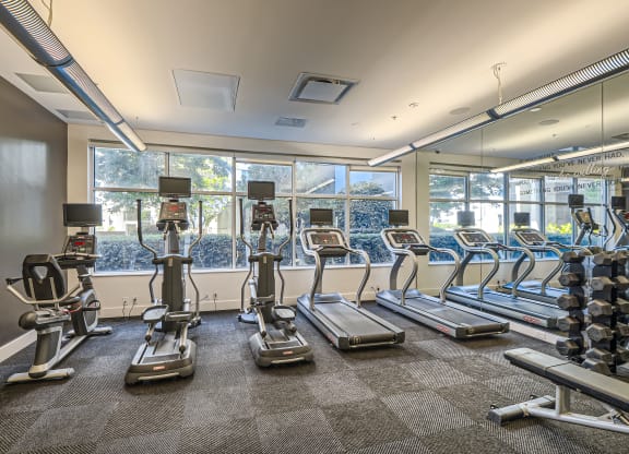 a gym with cardio equipment and windows