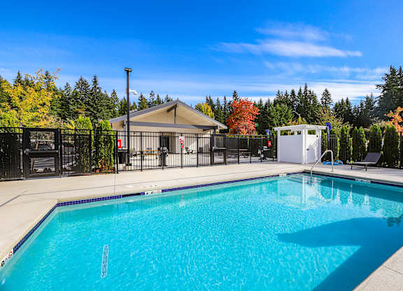 A swimming pool surrounded by a black fence and trees.