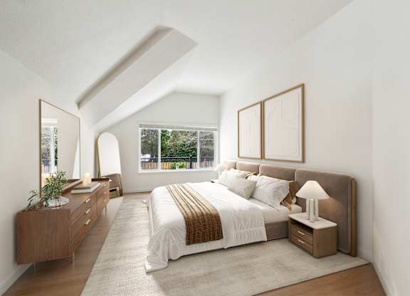 A bedroom with a large bed, nightstands, and a window overlooking a tree-filled yard.