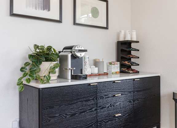 A black dresser with a plant on top and a shelf with various items.