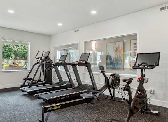 A home gym with a treadmill, rowing machine, and exercise bike.