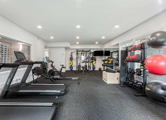 A gym with treadmills, weights, and exercise equipment.
