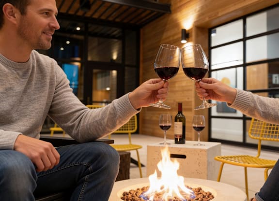 A man and woman toasting with wine glasses in front of a fireplace.