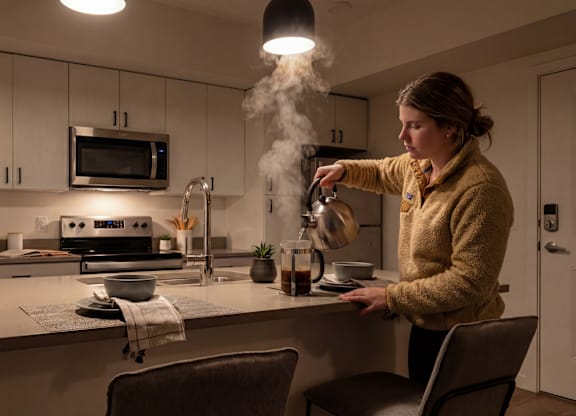 A woman is making coffee in a modern kitchen.