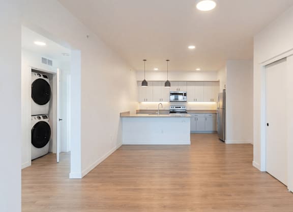 A modern kitchen with a washer and dryer built in.