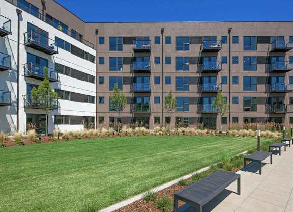 A grassy area with benches in front of apartment buildings.