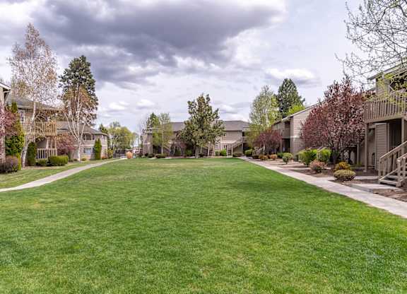 A grassy field with a row of houses in the background.