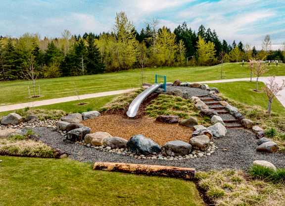 A garden with a stream running through it.