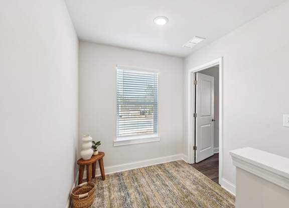 A room with a window, a door, and a carpet.
