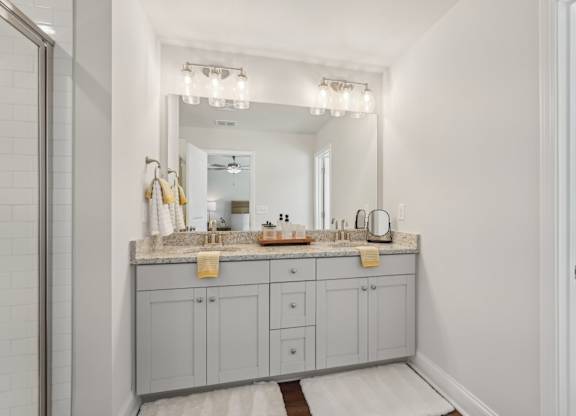 A view of the double vanity and walk in shower.