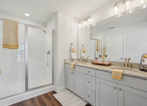 Primary bathroom with double vanity, and walk-in shower.