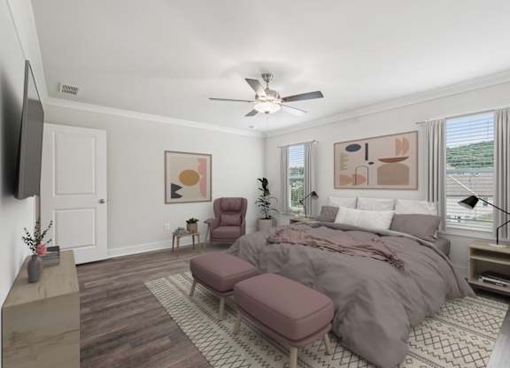 Primary bedroom with king size bed and large window letting in nice natural light.