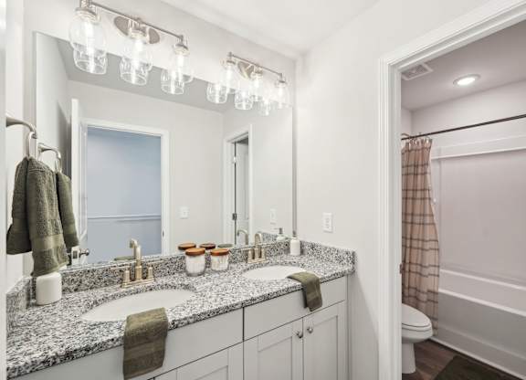 A bathroom with a double sink vanity and a large mirror above it.