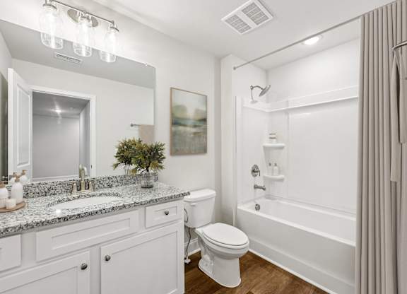 Bathroom including single vanity with a tub and shower combo..