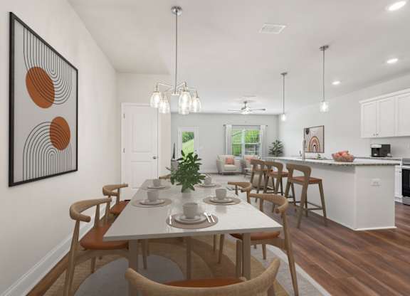 The intimate dining space elegantly set for six