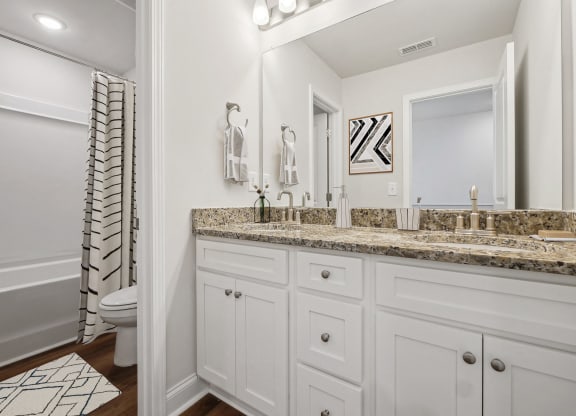 a bathroom with white cabinetry and a large mirror
